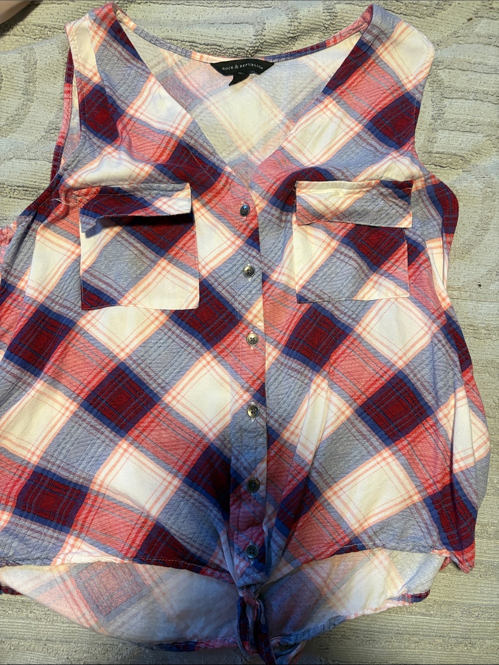 Rock & Republic Red, Blue & White Plaid Sleeveless Button-Front Top
